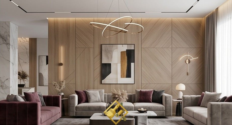 جدار صالة معيشة فاخرة بتصميم هندسي مميز من ألواح وبديل الخشب البيج الفاتح مع أثاث مودرن. بديل الخشب الدمام