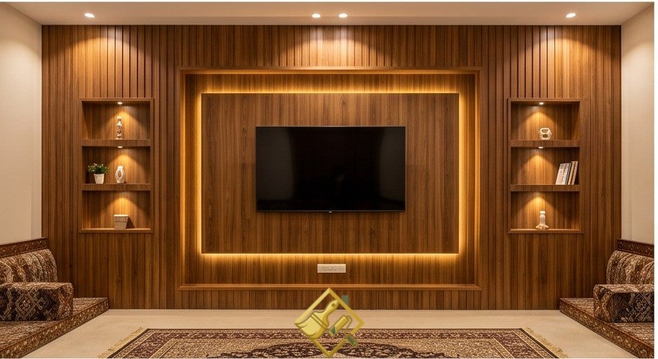 ديكورات بديل الخشب للتلفزيون في مجلس رجالي بالدمام. بديل الخشب الدمام.