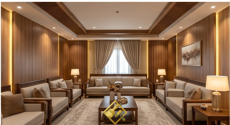 جدار درج داخلي مكسو بتصميم هندسي متداخل من ألواح بديل الخشب بألوان خشبية ورمادية مع درجات درج زجاجية. بديل الخشب الدمام